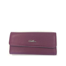 Load image into Gallery viewer, A purple deer pattern leather wallet for women with a zip fastening and a brand logo embossed on the front.