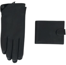 Load image into Gallery viewer, A pair of black leather gloves and a black wallet, both items are new without any visible signs of wear.