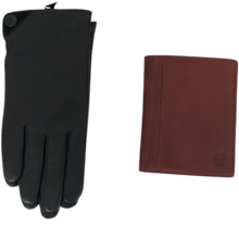 Load image into Gallery viewer, A pair of black leather gloves and a brown leather wallet, displayed on a white background.