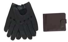 Load image into Gallery viewer, A pair of black leather gloves and a brown wallet, both items are new without any visible signs of wear.