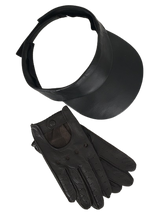 Load image into Gallery viewer, A black leather sports cap and gloves, with the cap having a snapelis logo and the gloves featuring a wrist strap.