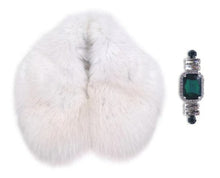 Load image into Gallery viewer, A white fur collar accessory with a green stone brooch and a matching green stone pendant.