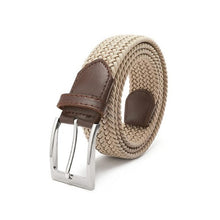 Load image into Gallery viewer, Elastic silk belt with a zinc-alloyed buckle and leather decoration, beige in color, displayed against a white background.