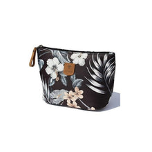 Load image into Gallery viewer, A black textile cosmetic bag with a leaves pattern and a zip closure.