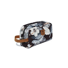 Load image into Gallery viewer, A floral patterned cosmetic bag with a brown leather handle and a zipper fastening.