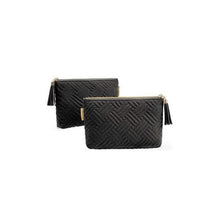 Load image into Gallery viewer, Two black textured cosmetic bags with gold metal zippers and tassel details on a white background.
