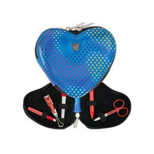 Load image into Gallery viewer, A heart-shaped nail care kit with a blue and yellow design, containing various grooming tools such as scissors, clippers, tweezers, a nail file, and a nail pusher, all displayed in an open case with a black interior.