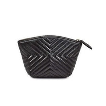 Load image into Gallery viewer, A black leather cosmetic bag with a zip closure and a quilted design.
