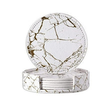 Load image into Gallery viewer, A round white faux leather coaster with a gold marble pattern, placed inside a matching white holder with a snap button.