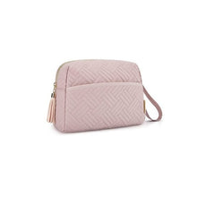 Load image into Gallery viewer, A pink, quilted textile cosmetic bag with a gold-colored metal zipper and a long handle.