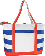 Load image into Gallery viewer, A red, white, and blue striped cotton handbag with a full zip closure and polyester lining.