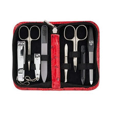 Load image into Gallery viewer, A nail care kit with various manicure and pedicure tools such as scissors, clippers, and a file, displayed neatly in a red and black case with a zipper.