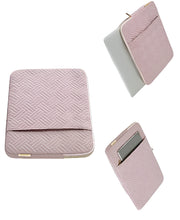 Load image into Gallery viewer, A pink textile laptop case with a geometric pattern and a golden metal zipper.