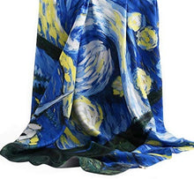 Load image into Gallery viewer, A square silk scarf with a geometric pattern in multiple colors displayed elegantly draped.
