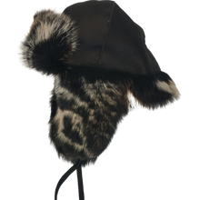 Load image into Gallery viewer, A black fur lined Nappa sheep fur trapper hat with adjustable leather band on a white background.