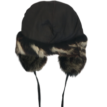 Load image into Gallery viewer, A black fur lined Nappa sheep fur trapper hat with adjustable leather band on a white background.