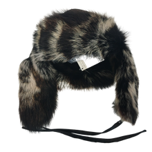 Load image into Gallery viewer, A black fur lined Nappa sheep fur trapper hat with adjustable leather band on a white background.