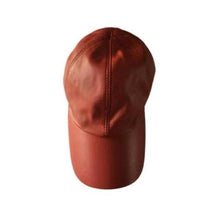 Load image into Gallery viewer, A red leather sports cap with a snap shape, adjustable head width, and decorative seams.