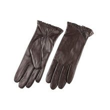 Load image into Gallery viewer, A pair of brown, leather gloves with a decorative wave pattern at the edge, designed for women.