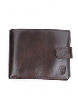 Load image into Gallery viewer, A brown, small-sized Italian nubuck leather wallet with a fastening press-stud and a visible brand emblem.
