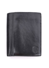 Load image into Gallery viewer, A closed black leather wallet with a visible brand emblem on the lower right side.
