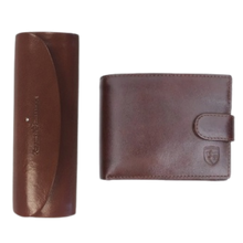 Load image into Gallery viewer, A brown genuine leather eyewear case and a brown wallet, both with a snap closure.