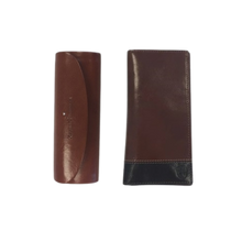 Load image into Gallery viewer, A brown genuine leather eyewear case and a brown wallet/document holder, lying flat.