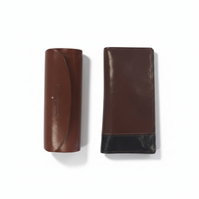 Įkelti nuotrauką į galerijos peržiūros programą, A brown genuine leather eyewear case and a brown wallet/document holder, lying flat.