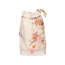 Load image into Gallery viewer, A beige linen blouse with a floral pattern, sleeveless design, and a ruffled neckline.