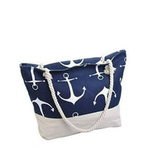 Load image into Gallery viewer, A navy and white cotton canvas very spacious handbag with an anchor pattern and a rope handle. Zip closure