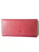 Load image into Gallery viewer, A red leather wallet with a zipper and a logo on the back, placed against a white background.