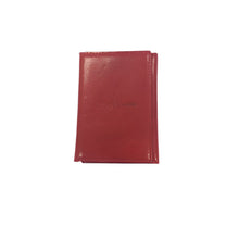 Load image into Gallery viewer, A red leather document holder with three folds, no fastening, and a visible brand logo on the cover.
