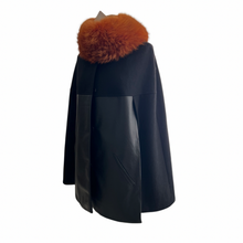 Load image into Gallery viewer, A black wool cloak with deer pattern imitation sheep leather inserts, featuring a fox fur detachable collar and press-stud fastening.