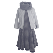Load image into Gallery viewer, A white leather jacket with a round neckline, 3/4 sleeves, and zipper opening. It is displayed on a mannequin wearing a long checkered skirt.