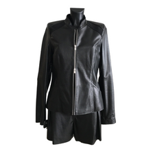 Load image into Gallery viewer, A black short sheep leather jacket with suede details, featuring a stand collar, zipper opening, and front pockets.