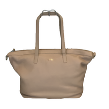 Load image into Gallery viewer, A beige colored leather tote handbag with two handles and a zippered top closure. The bag appears to have multiple compartments and is displayed against a neutral background.