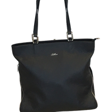 Load image into Gallery viewer, Black color high-quality durable leather handbag with a logo, featuring two handles and a zip closure, adjustable width.