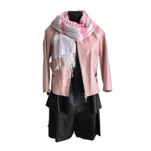 Load image into Gallery viewer, A pink leather short jacket with a crocodile pattern effect, featuring a round neckline, jetted pockets, and 3/4 sleeves, displayed on a mannequin with a white scarf and black shorts.