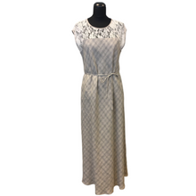 Load image into Gallery viewer, Beige grey  diagonally checked pattern linen long dress with a string to adjust width