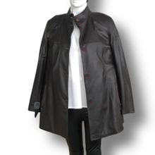 Load image into Gallery viewer, Brown loose above knee length leather jacket, button fastening, pockets at front