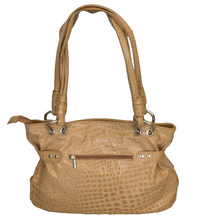 Load image into Gallery viewer, A beige brown color high-quality durable Croco pattern leather handbag with two handles and a zippered compartment.