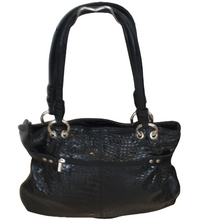 Load image into Gallery viewer, Black patent leather handbag with two handles and zip closure.