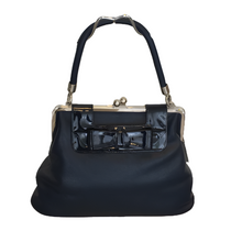 Load image into Gallery viewer, One handle vintage style dark blue nubuck leather handbag with front patent leather detail, metal closure.