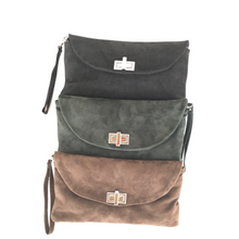 Load image into Gallery viewer, Three suede crossbody bags in brown, green, and beige colors, displayed in a stacked arrangement with metal closures and zippered pockets.