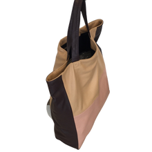 Load image into Gallery viewer, A tricolor tote bag with eggplant, beige, and light rose colors, made of soft leather with a water-resistant lining, featuring two shoulder straps and a small inside pocket with zip closure.