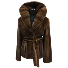 Load image into Gallery viewer, Brown mink jacket with a wide collar and belt, featuring fur hooks fastening, displayed on a mannequin.