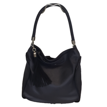 Load image into Gallery viewer, One handle dark blue leather handbag with magnetic fastening, inside pocket and outside decorative detail on the handle.
