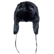 Load image into Gallery viewer, A black rabbit fur unisex hat with ear flaps and a chin strap.