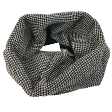 Load image into Gallery viewer, A gray linen scarf with a checkered pattern, displayed in a folded state.