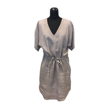 Load image into Gallery viewer, A grey linen midi dress/tunic with side pockets and drawstring decoration, displayed on a mannequin.